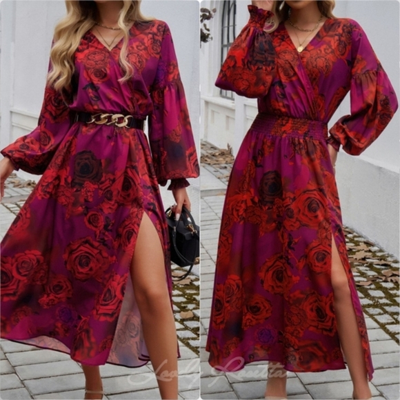Chic Split Printed Surplice Midi Dress with Long Sleeves - Picture 1 of 1